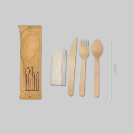 Set cubiertos de madera con servilleta 100 unids.